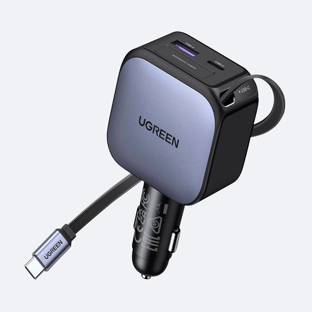 Cargador Ugreen p/ auto 90W USB-C retráctil 3 puertos