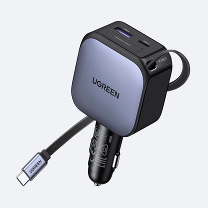 Cargador Ugreen p/ auto 90W USB-C retráctil 3 puertos