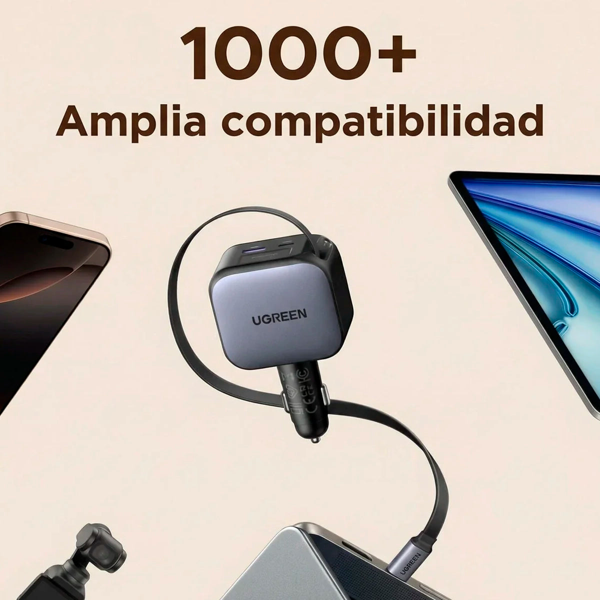 Cargador Ugreen p/ auto 90W USB-C retráctil 3 puertos