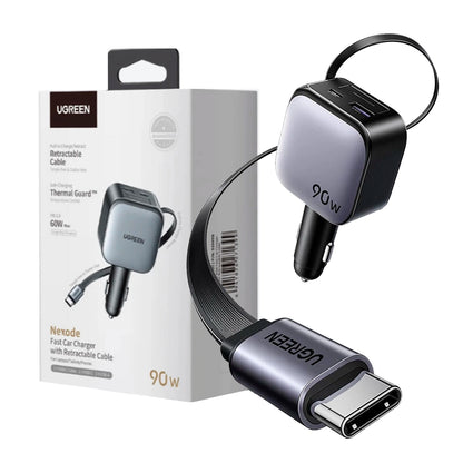 Cargador Ugreen p/ auto 90W USB-C retráctil 3 puertos
