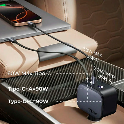 Cargador Ugreen p/ auto 90W USB-C retráctil 3 puertos