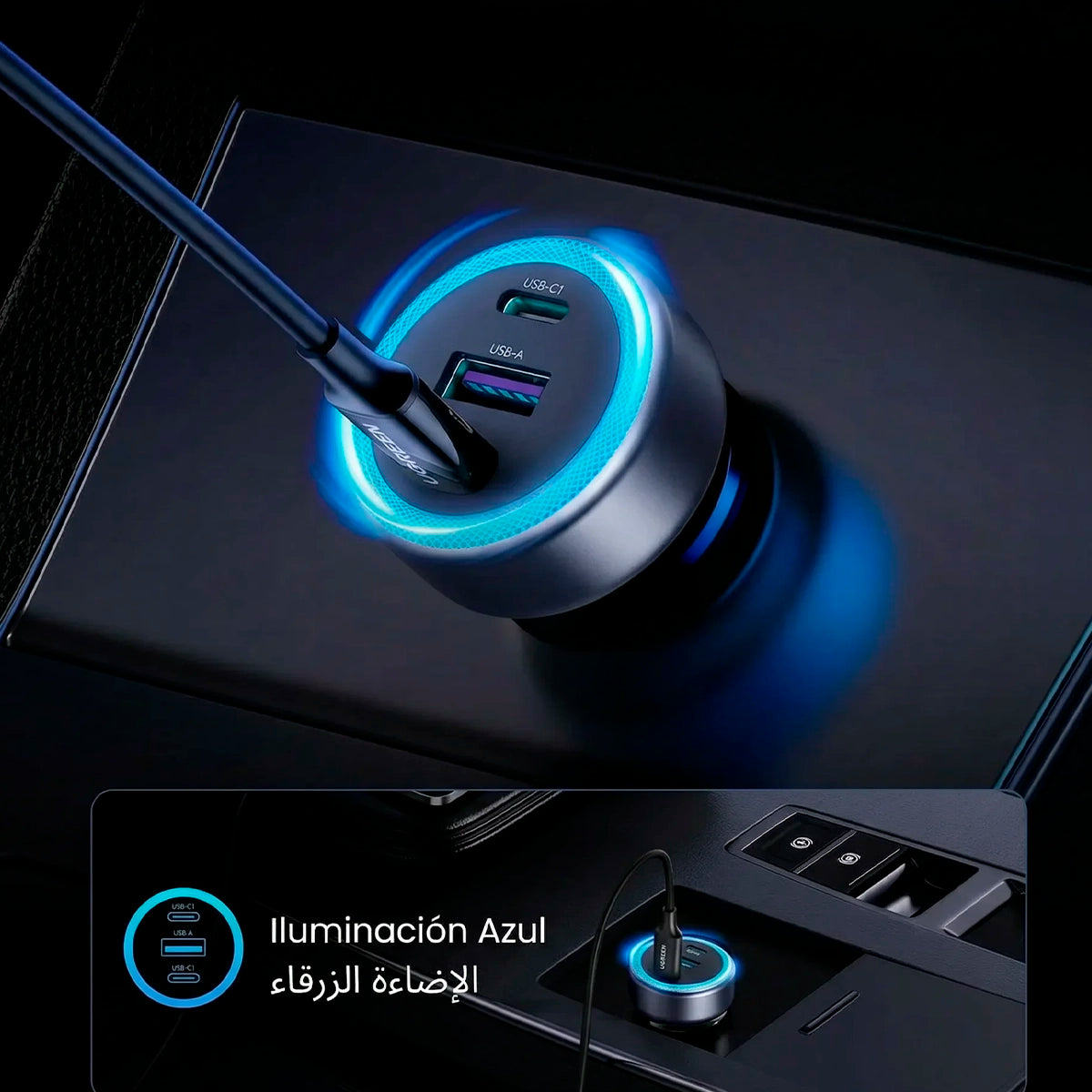 Cargador Ugreen p/ auto 30W  (2 puertos USB-C + 1 USB-A)