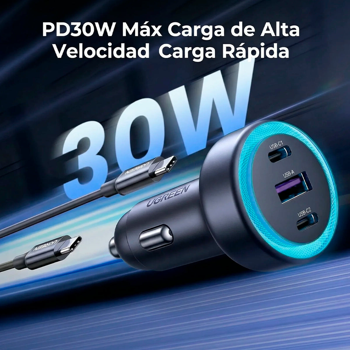 Cargador Ugreen p/ auto 30W  (2 puertos USB-C + 1 USB-A)